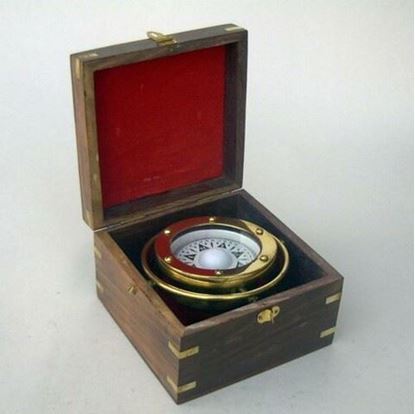 Gimbal Box Compass - Hardwood And Brass, Small Round, Brown | Nautical, Classical Style, Fully Gimbaled