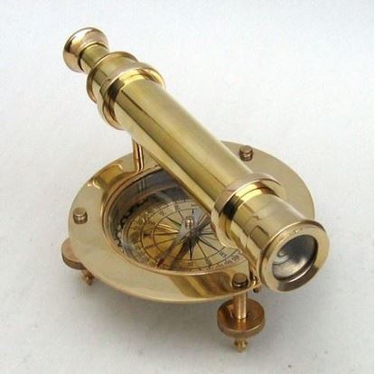 Alidade Polished Brass Compass - Solid Brass & Hardwood Base, 8.25 Inch Nautical Gem With Telescope And Bubble Level Features
