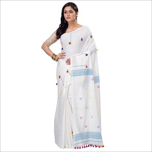 Available In Different Colors Ladies White Pompom Cotton Saree
