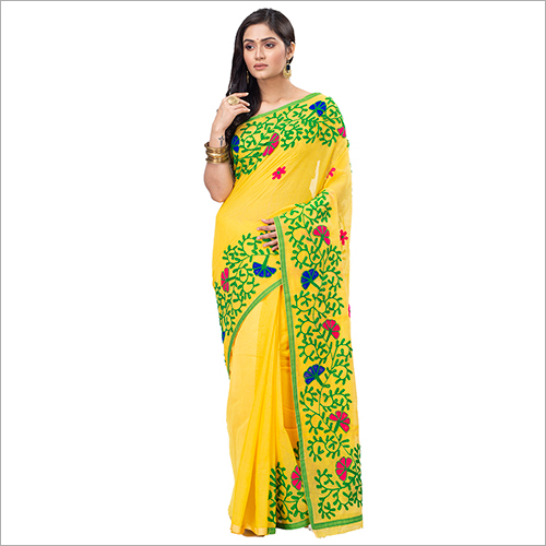 Available In Different Colors Ladies Yellow Blended Cotton Saree