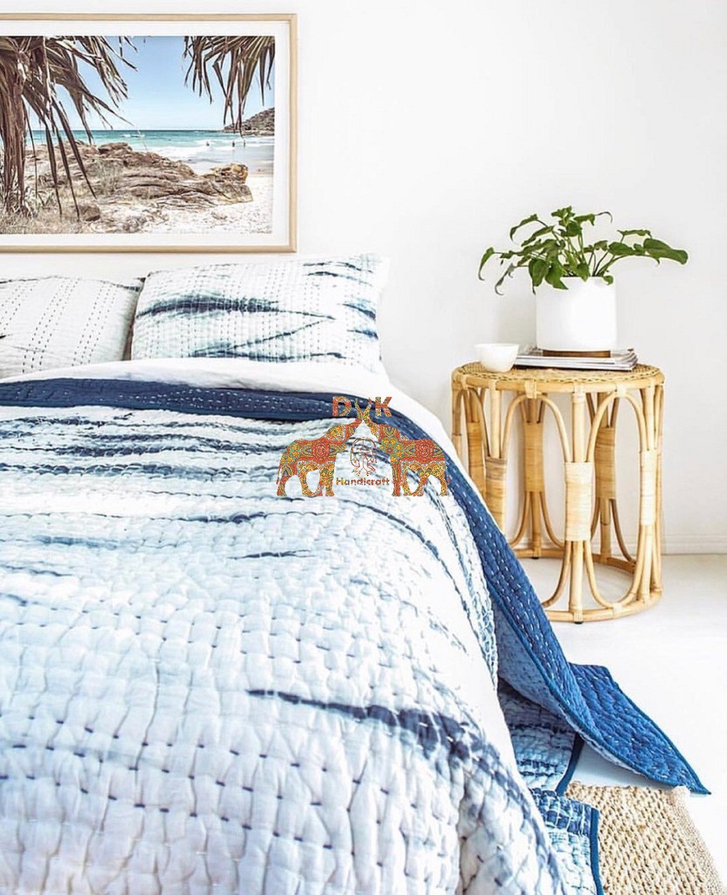 Kantha Quilt - 100% Cotton, 90x108 Inches, Reversible Design | Handmade, Block Printed, Comfortable Bedding Throw
