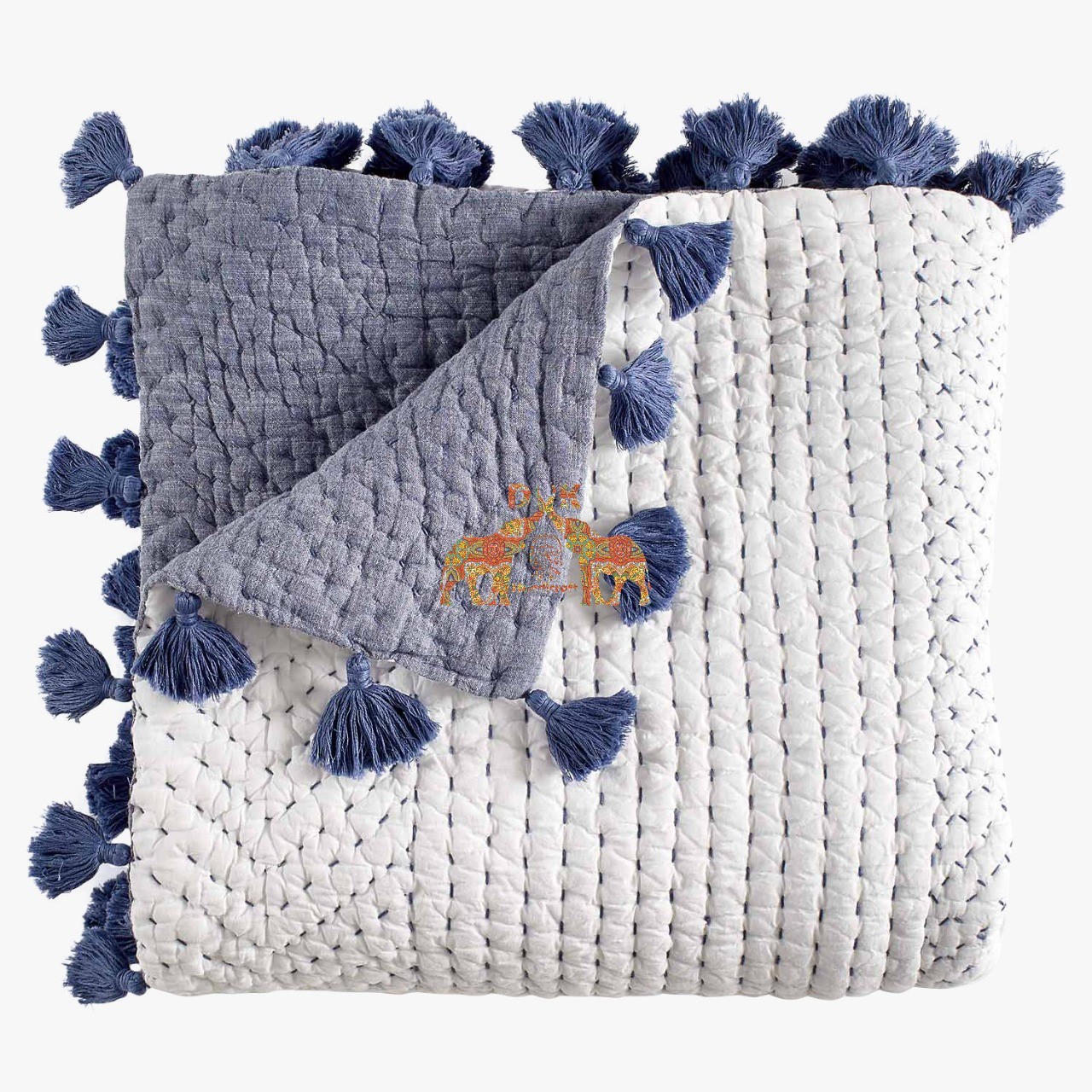 Kantha Quilt - 100% Cotton, 90x108 Inches, Reversible Design | Handmade, Block Printed, Comfortable Bedding Throw