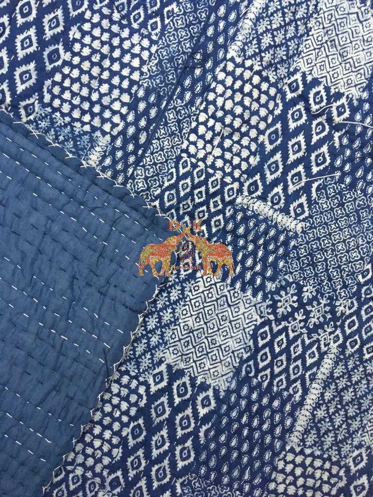 Kantha Quilt - 100% Cotton, 90x108 Inches, Reversible Design | Handmade, Block Printed, Comfortable Bedding Throw