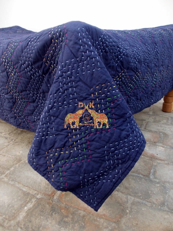 Kantha Quilt - 100% Cotton, 90x108 Inches, Reversible Design | Handmade, Block Printed, Comfortable Bedding Throw