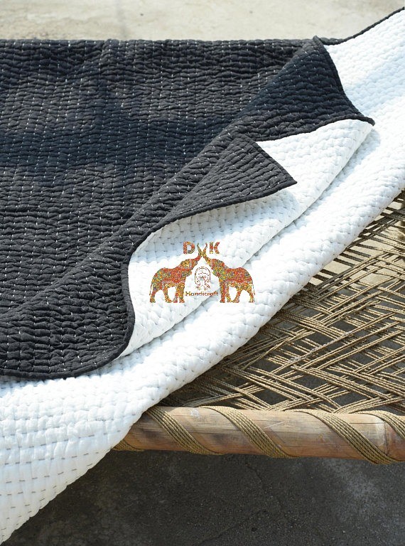 Kantha Quilt - 100% Cotton, 90x108 Inches, Reversible Design | Handmade, Block Printed, Comfortable Bedding Throw