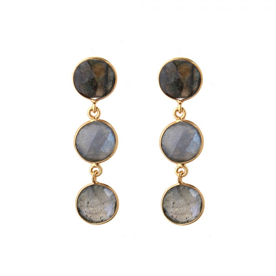 Crystal Quartz Round Gold Plated Sterling 925 Silver Handmade Gemstone Earring Size: 12mm