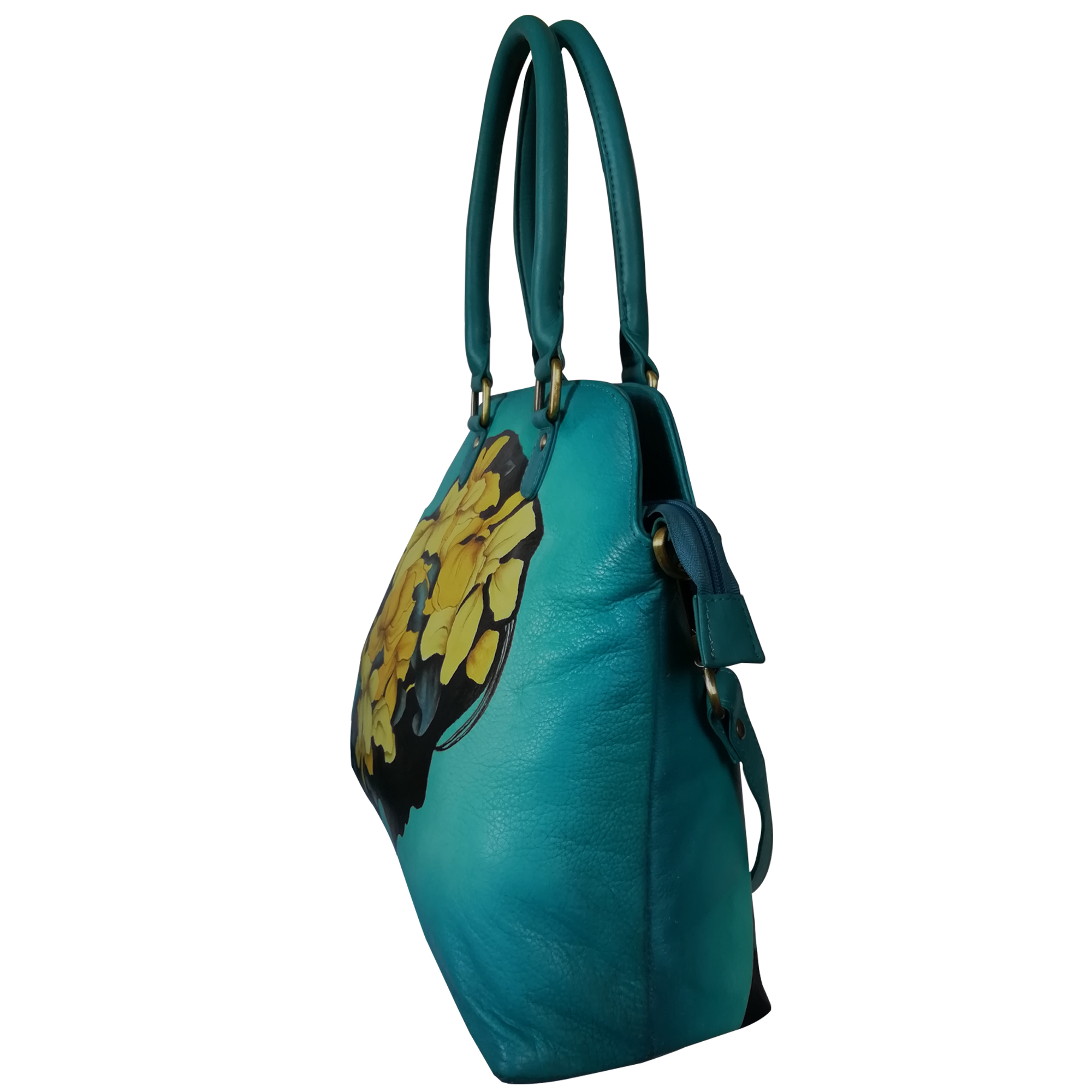 Multi New Hand Painted Leather Shoulder Handbag Design Leaves Teal