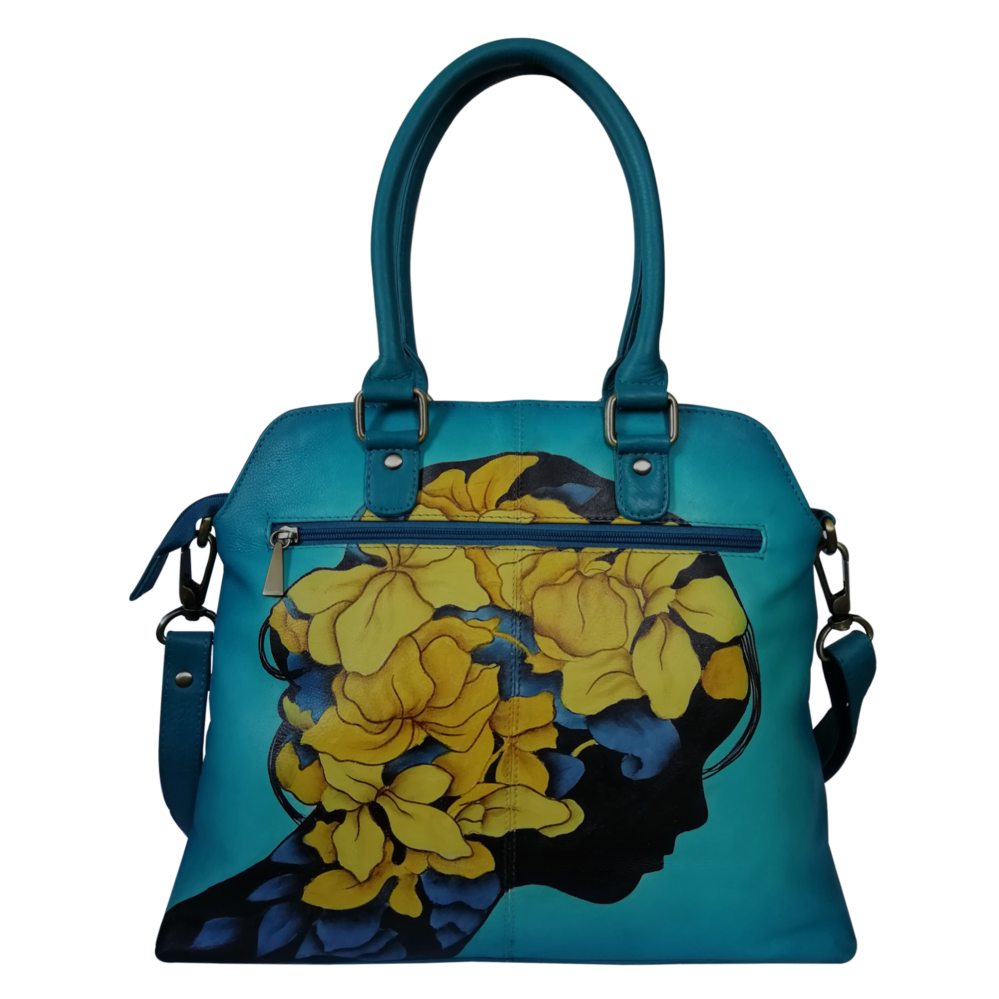 Multi New Hand Painted Leather Shoulder Handbag Design Leaves Teal