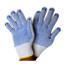 PVC Dotted Hand Glove - Cotton, 45g, Raw White/Navy Blue Colors | Breathable, Interlock Lining, Knit Wrist, Full Finger Design