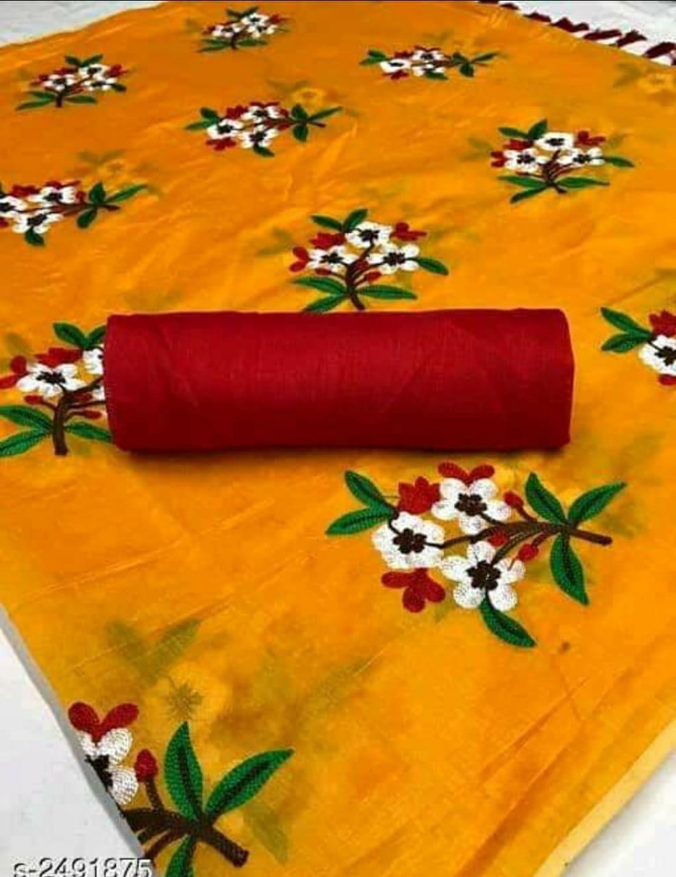 Embroidered Flower Design Chanderi Saree - Art Silk, Length: 5.5 Mtr, Blouse Length: 0.8 Mtr, Multicolour, Hand Embroidery | Suitable For All Seasons, Includes Attached Blouse Piece