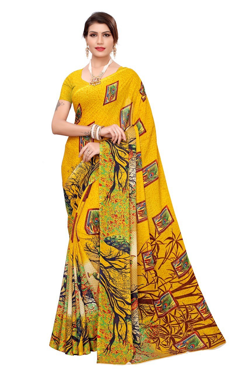 New Georgette Saree - 5.5 Mtr Length, 0.8 Mtr Blouse, Yellow And Green Printed Design | Stylish Lahenga Saree For All Seasons