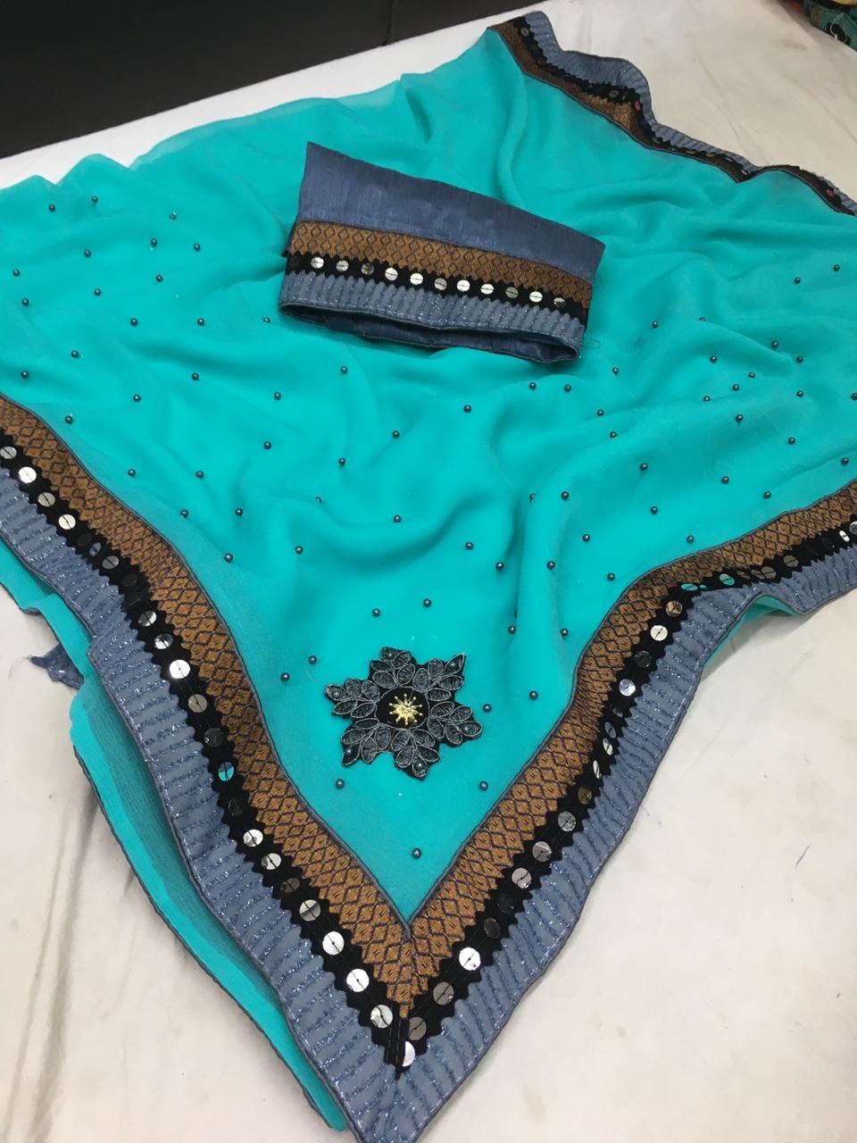 Georgette Moti Patched Saree - 5.5 Mtr Length, Multi-color Striped Pattern | Beaded Closure, Suitable For All Seasons, Dry Clean Only