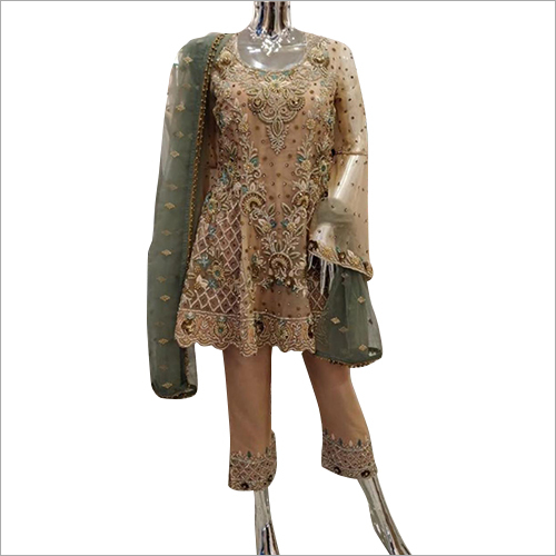 Ladies Embroidery Suit - Cotton Polyester Fabric, Customized Size | Short Frock Style, Full Sleeves, Unique Dupatta, Embroidered Lace Decoration