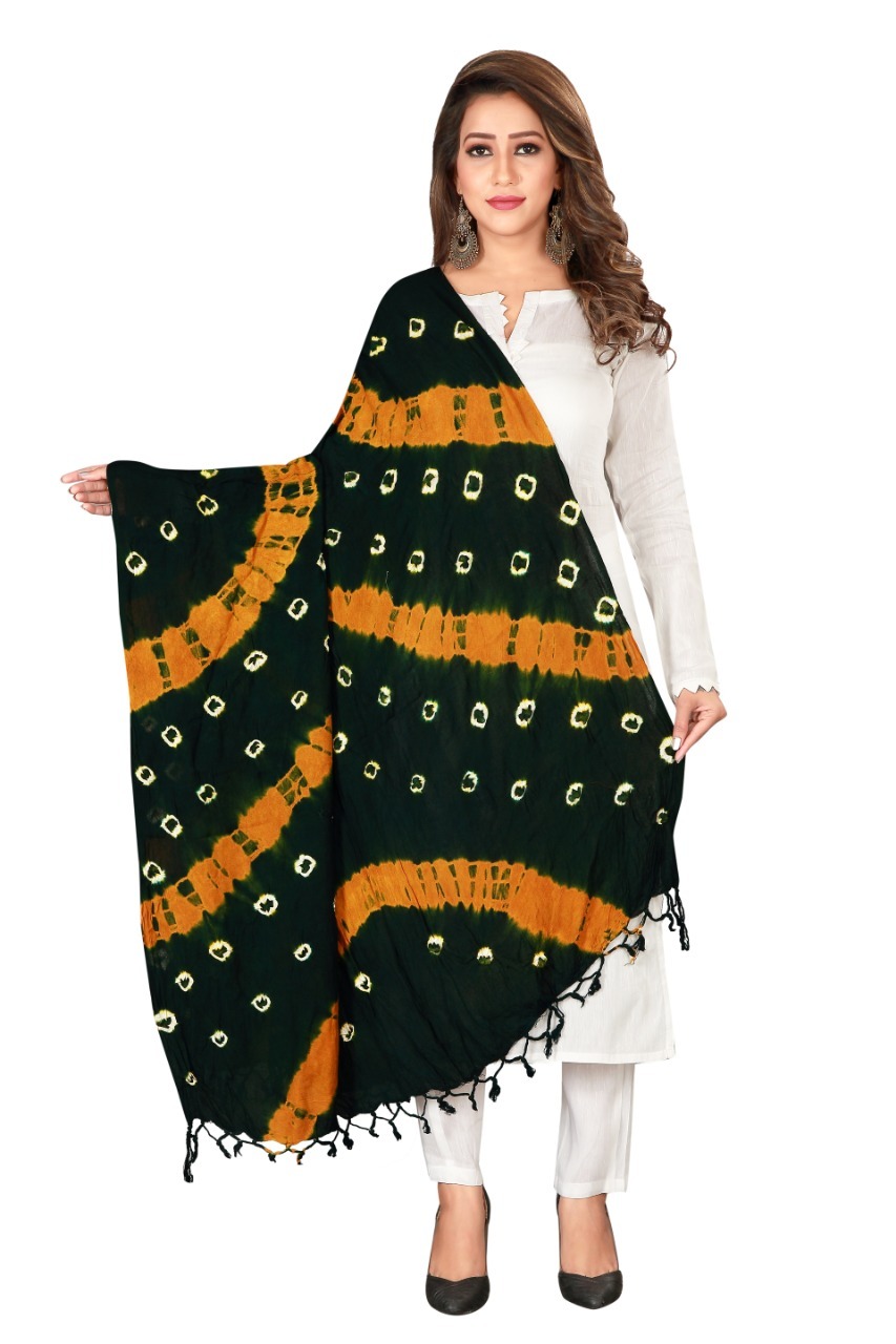 Designer Bandhej Pure Cotton Dupatta With Jhalar/tassels - Cotton, Length: 2.25m, Multicolour, Features: Breathable, Quick Dry, Washable, Cool Dry