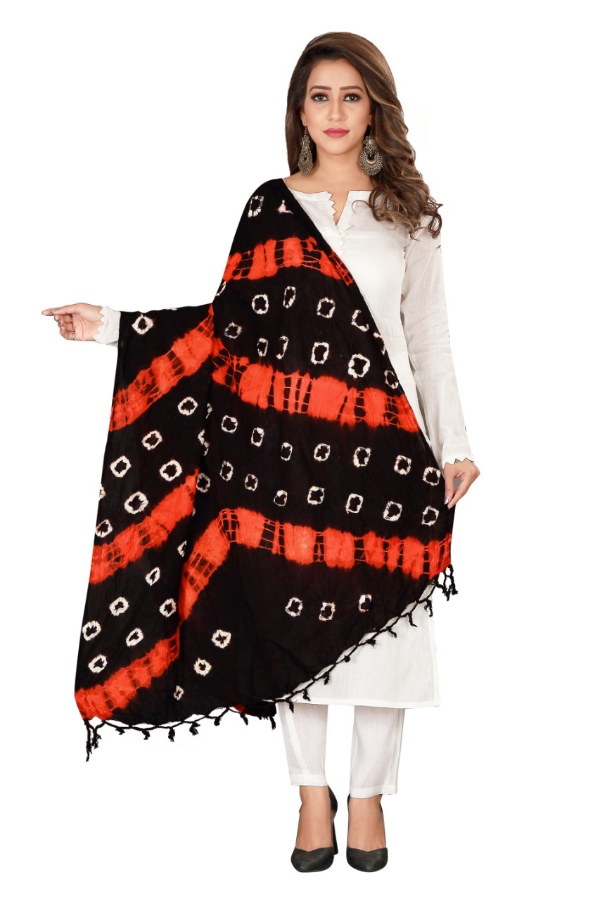 Designer Bandhej Pure Cotton Dupatta With Jhalar/tassels - Cotton, Length: 2.25m, Multicolour, Features: Breathable, Quick Dry, Washable, Cool Dry