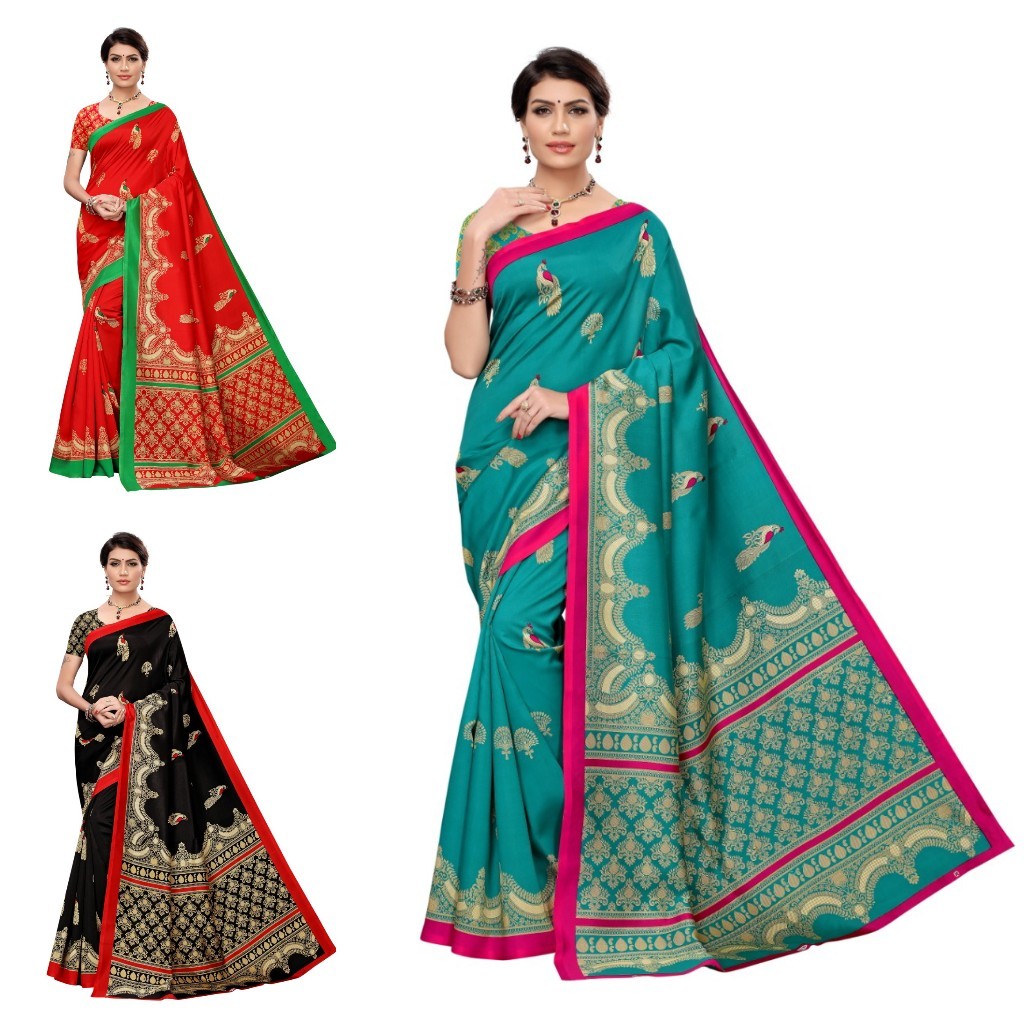 Fancy Design Art Silk Saree - Material: Art Silk, Size: 5.5 Mtr Length, 0.8 Mtr Blouse | Multicolour Printed Pattern, Suitable For All Seasons