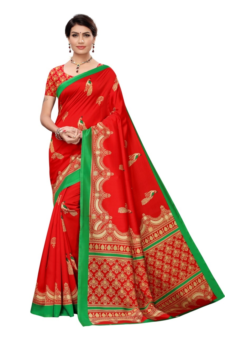 Fancy Design Art Silk Saree - Material: Art Silk, Size: 5.5 Mtr Length, 0.8 Mtr Blouse | Multicolour Printed Pattern, Suitable For All Seasons