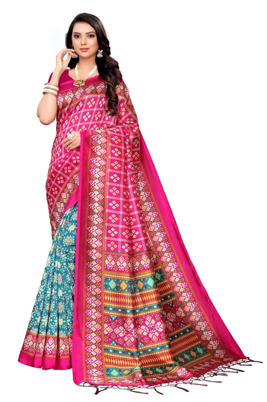 New Designer Art Silk Saree With Jhalar - Art Silk, Length: 5.5 Mtr, Blouse Length: 0.8 Mtr, Multicolour, Printed Pattern, Wash Care: Dry Clean, Attached Blouse Piece