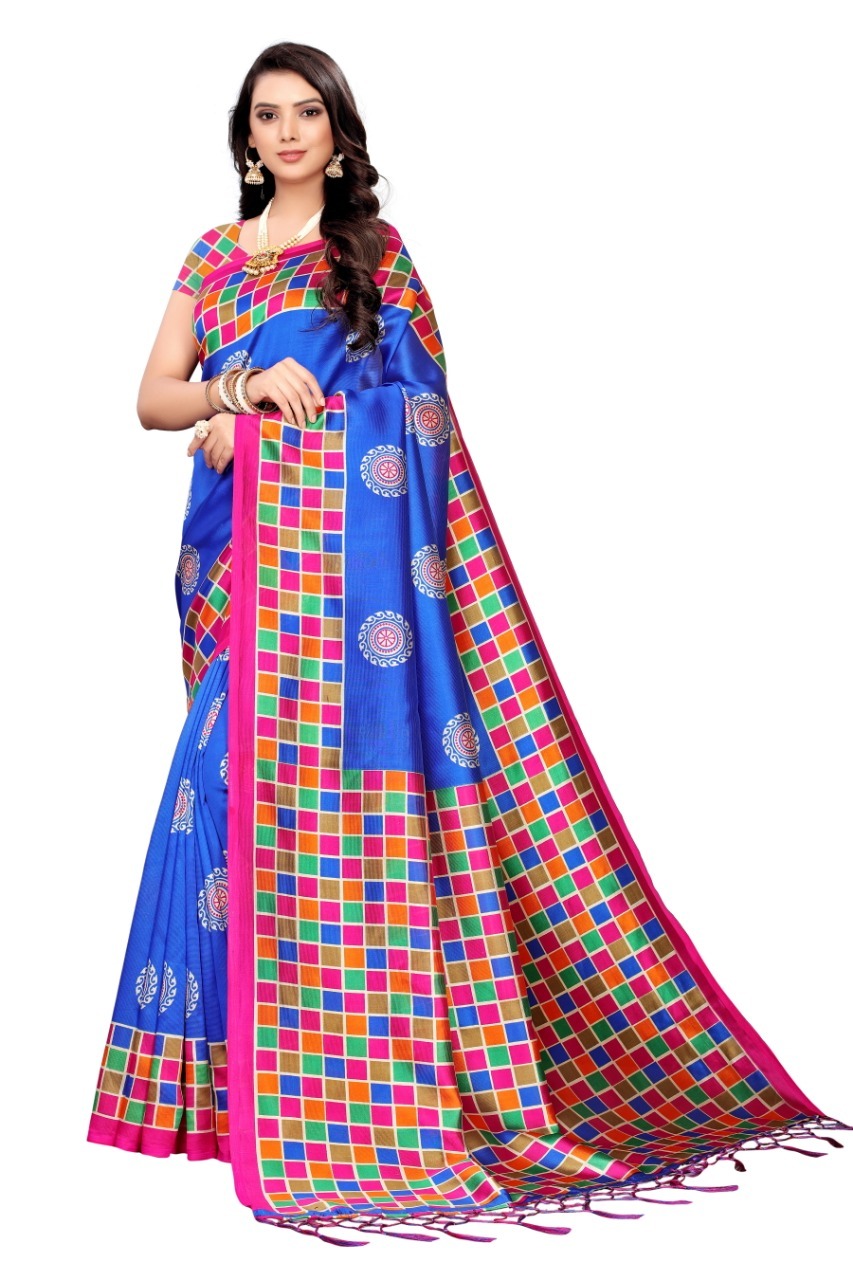 Art Silk Saree - 5.5 Mtr Length, Floral Print Design | Multicolour, Attached Blouse Piece, Dry Clean Only