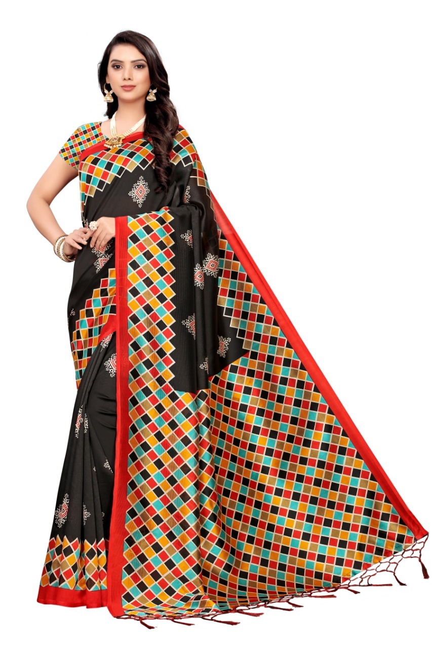 Art Silk Saree - 5.5 Mtr Length, Floral Print Design | Multicolour, Attached Blouse Piece, Dry Clean Only