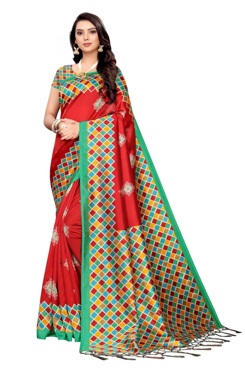 Art Silk Saree - 5.5 Mtr Length, Floral Print Design | Multicolour, Attached Blouse Piece, Dry Clean Only