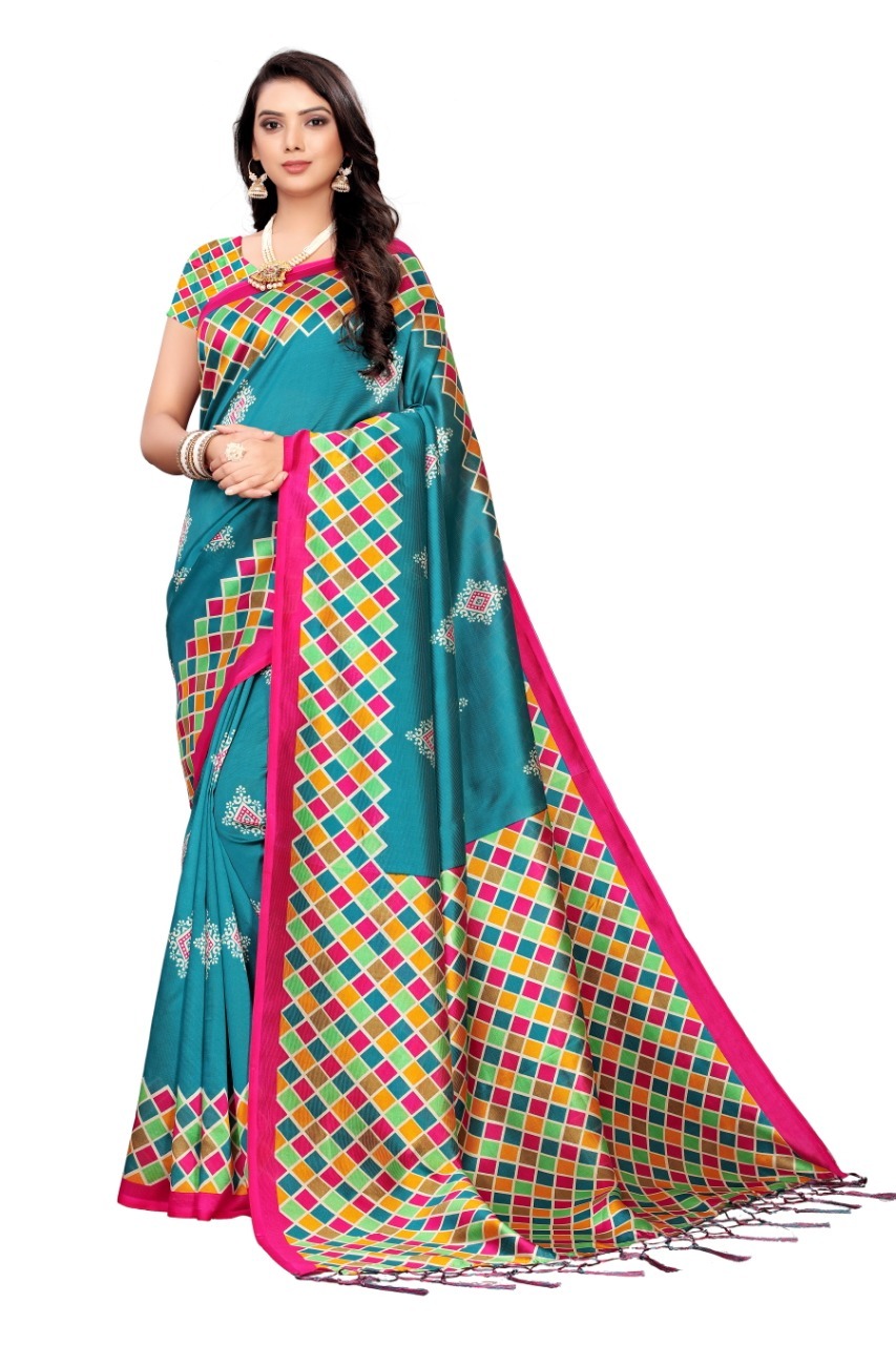 Art Silk Saree - 5.5 Mtr Length, Floral Print Design | Multicolour, Attached Blouse Piece, Dry Clean Only