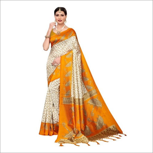 Multicolour Mysore Silk Saree With Umbrella Print And Jhalar