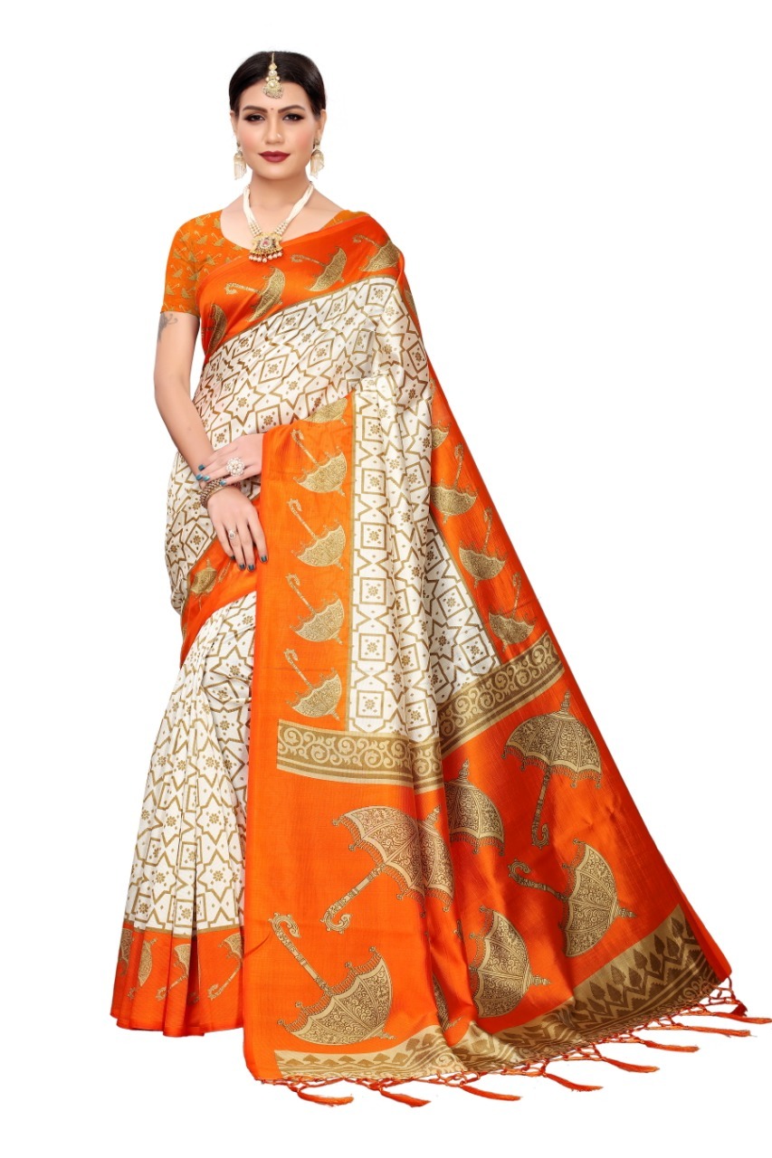 Mysore Silk Saree With Umbrella Print And Jhalar - Art Silk, 5.5 Mtr Length, Multicolour, Attached Blouse Piece 0.8 Mtr | Seasonal Versatility: Rainy, Spring, Summer, Winter
