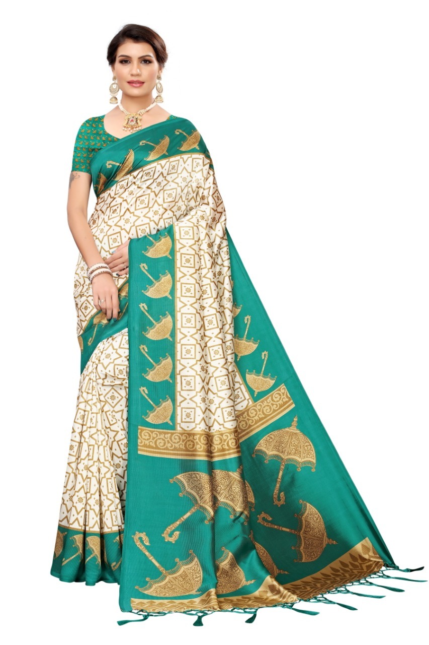 Mysore Silk Saree With Umbrella Print And Jhalar - Art Silk, 5.5 Mtr Length, Multicolour, Attached Blouse Piece 0.8 Mtr | Seasonal Versatility: Rainy, Spring, Summer, Winter