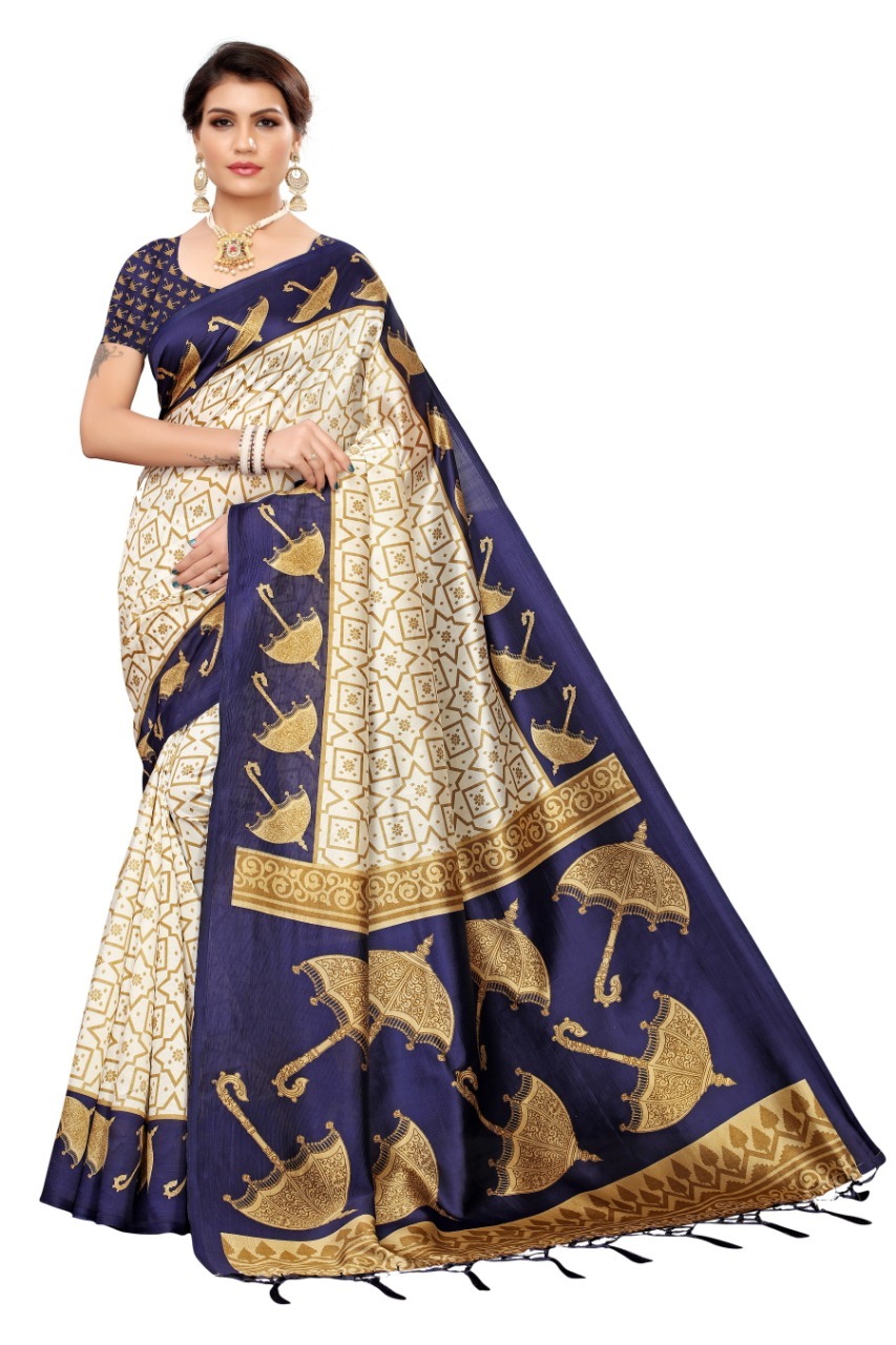Mysore Silk Saree With Umbrella Print And Jhalar - Art Silk, 5.5 Mtr Length, Multicolour, Attached Blouse Piece 0.8 Mtr | Seasonal Versatility: Rainy, Spring, Summer, Winter