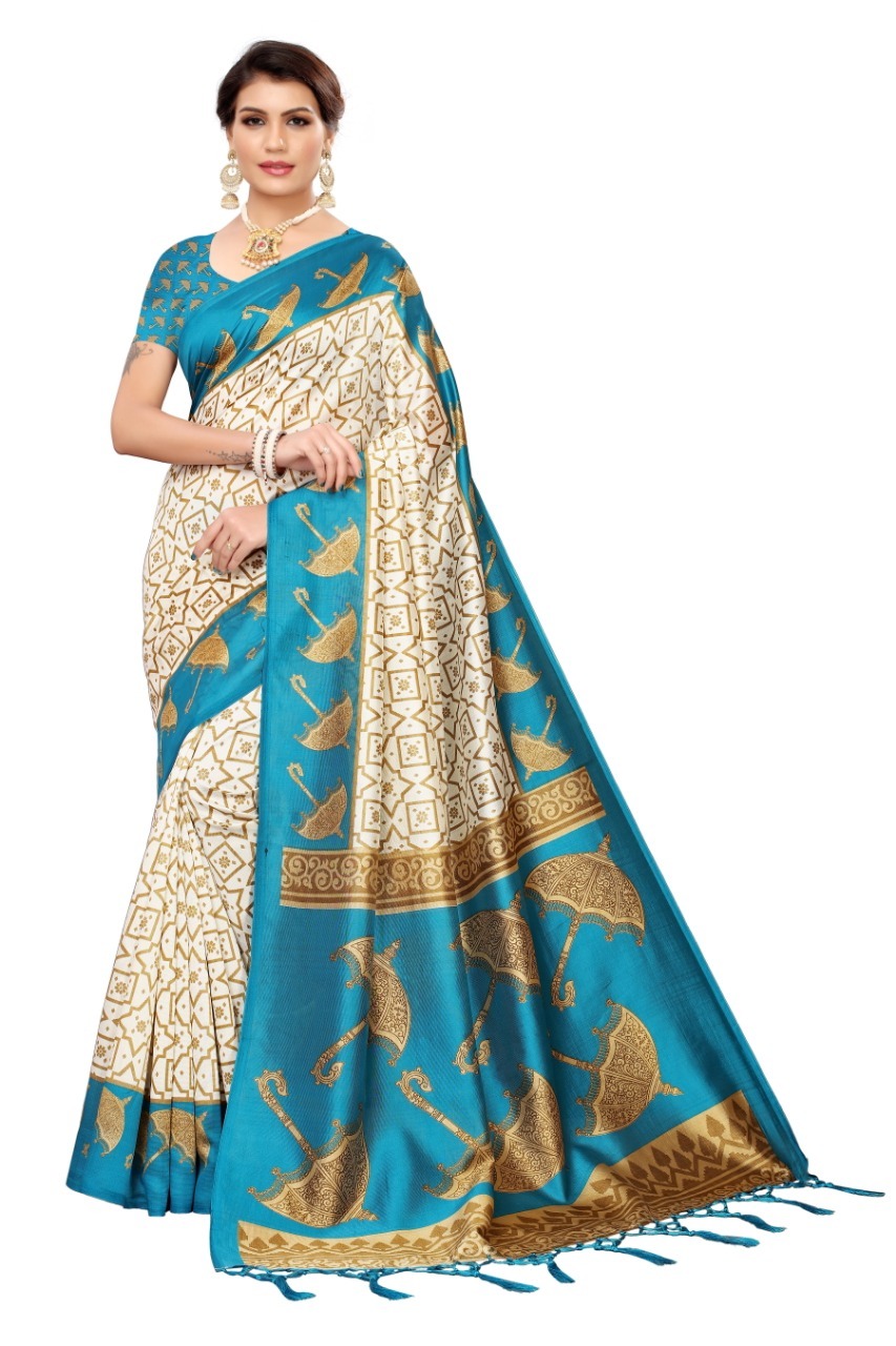 Mysore Silk Saree With Umbrella Print And Jhalar - Art Silk, 5.5 Mtr Length, Multicolour, Attached Blouse Piece 0.8 Mtr | Seasonal Versatility: Rainy, Spring, Summer, Winter
