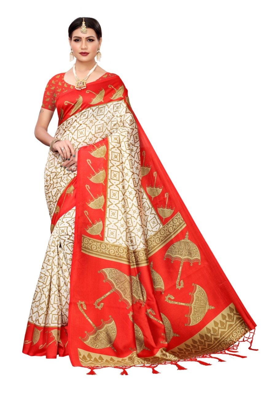 Mysore Silk Saree With Umbrella Print And Jhalar - Art Silk, 5.5 Mtr Length, Multicolour, Attached Blouse Piece 0.8 Mtr | Seasonal Versatility: Rainy, Spring, Summer, Winter