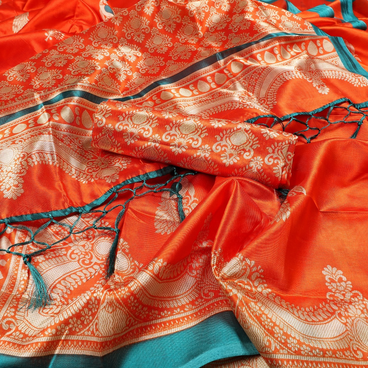 New Ladies Wear Mysore Silk Saree With Jhalar - Art Silk, 5.5 Mtr Length, Multicolour, Printed Pattern, Attached Blouse 0.8 Mtr | Suitable For All Seasons