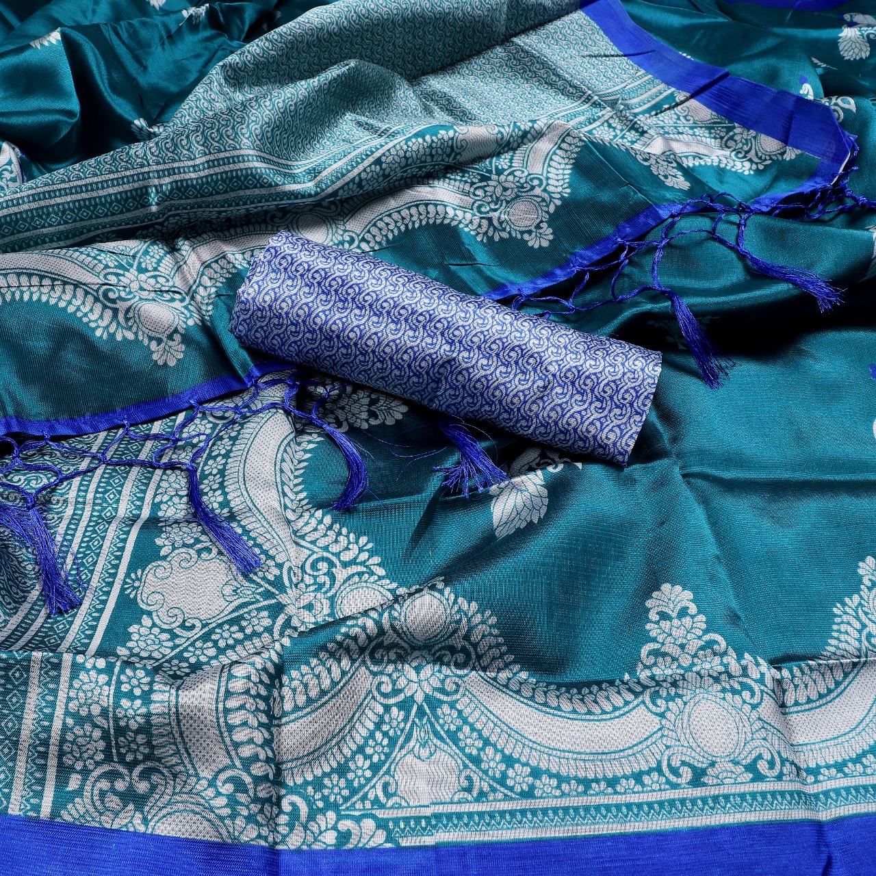 New Ladies Wear Mysore Silk Saree With Jhalar - Art Silk, 5.5 Mtr Length, Multicolour, Printed Pattern, Attached Blouse 0.8 Mtr | Suitable For All Seasons