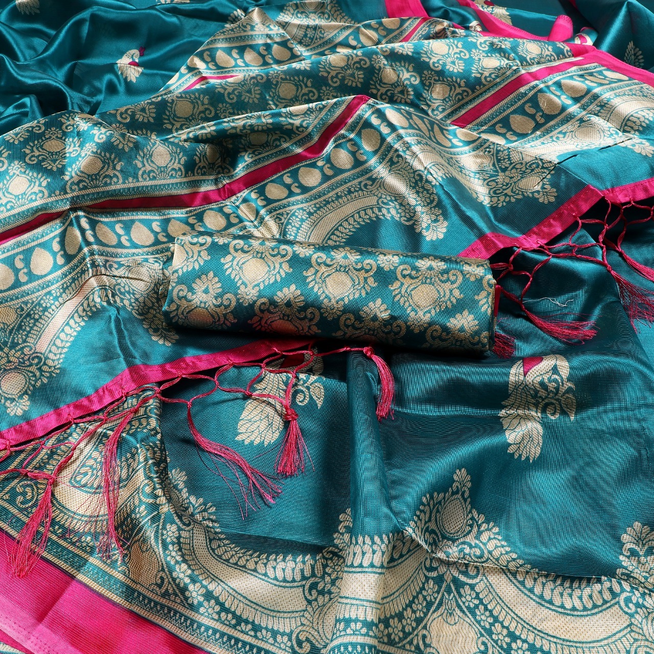 New Ladies Wear Mysore Silk Saree With Jhalar - Art Silk, 5.5 Mtr Length, Multicolour, Printed Pattern, Attached Blouse 0.8 Mtr | Suitable For All Seasons