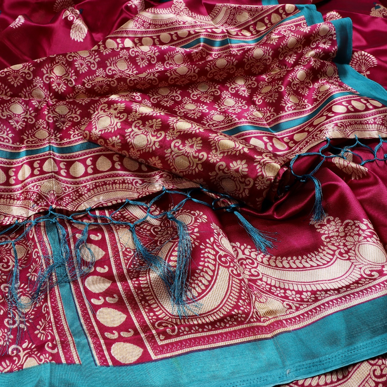 New Ladies Wear Mysore Silk Saree With Jhalar - Art Silk, 5.5 Mtr Length, Multicolour, Printed Pattern, Attached Blouse 0.8 Mtr | Suitable For All Seasons