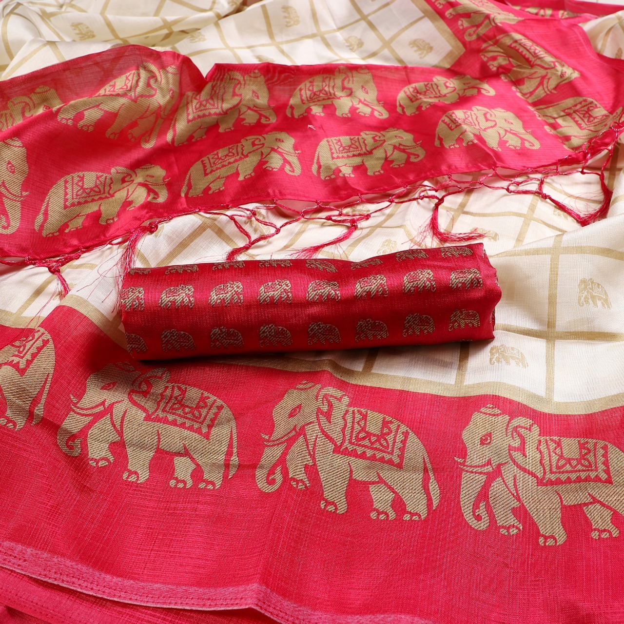 New Elephant Print Mysore Silk Saree With Jhalar - Art Silk, 5.5 Mtr Length, Multicolour, Printed Pattern, Ideal For All Seasons, Blouse Piece Attached