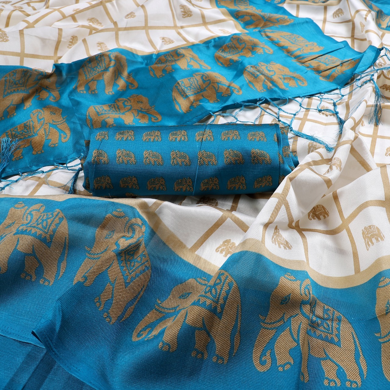 New Elephant Print Mysore Silk Saree With Jhalar - Art Silk, 5.5 Mtr Length, Multicolour, Printed Pattern, Ideal For All Seasons, Blouse Piece Attached