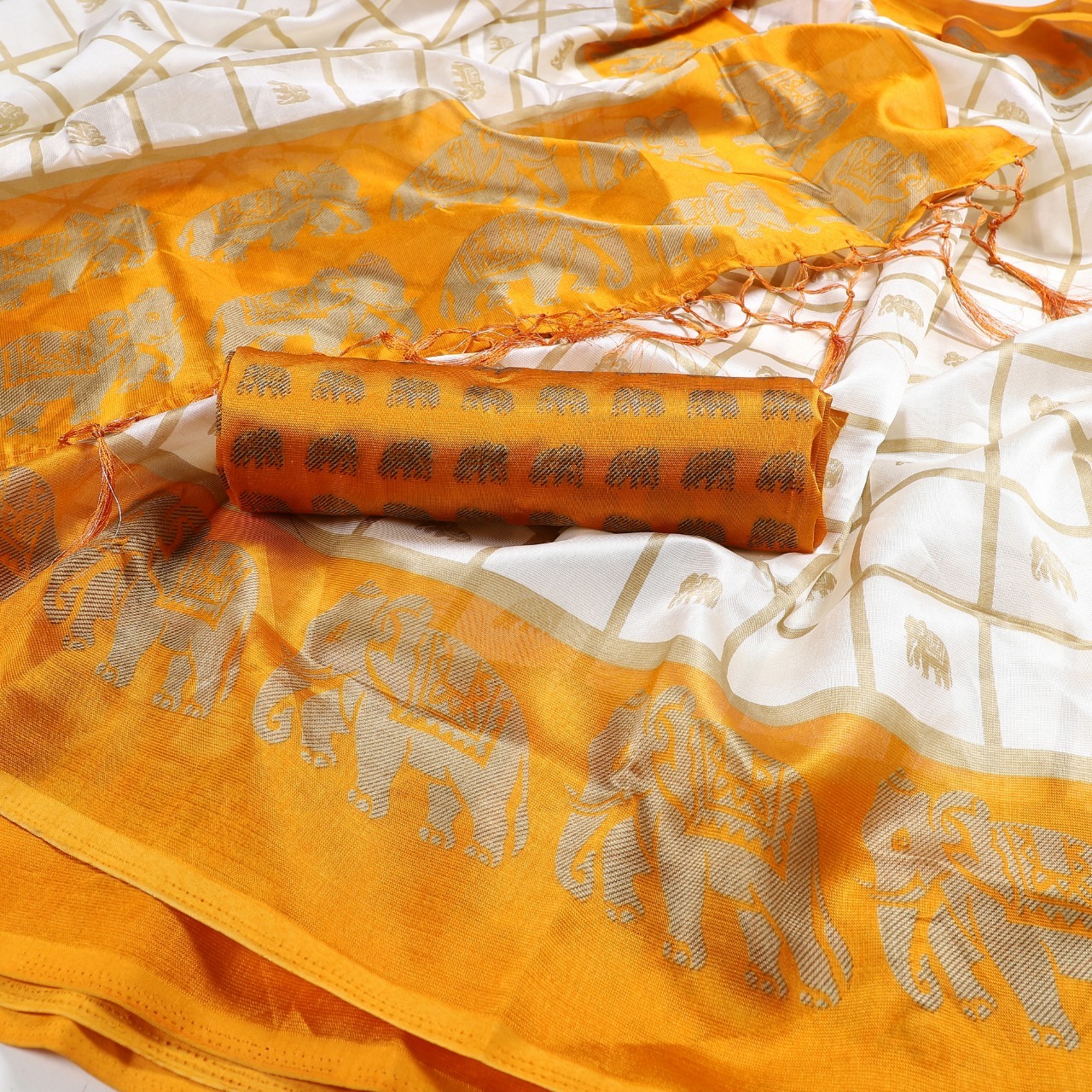 New Elephant Print Mysore Silk Saree With Jhalar - Art Silk, 5.5 Mtr Length, Multicolour, Printed Pattern, Ideal For All Seasons, Blouse Piece Attached