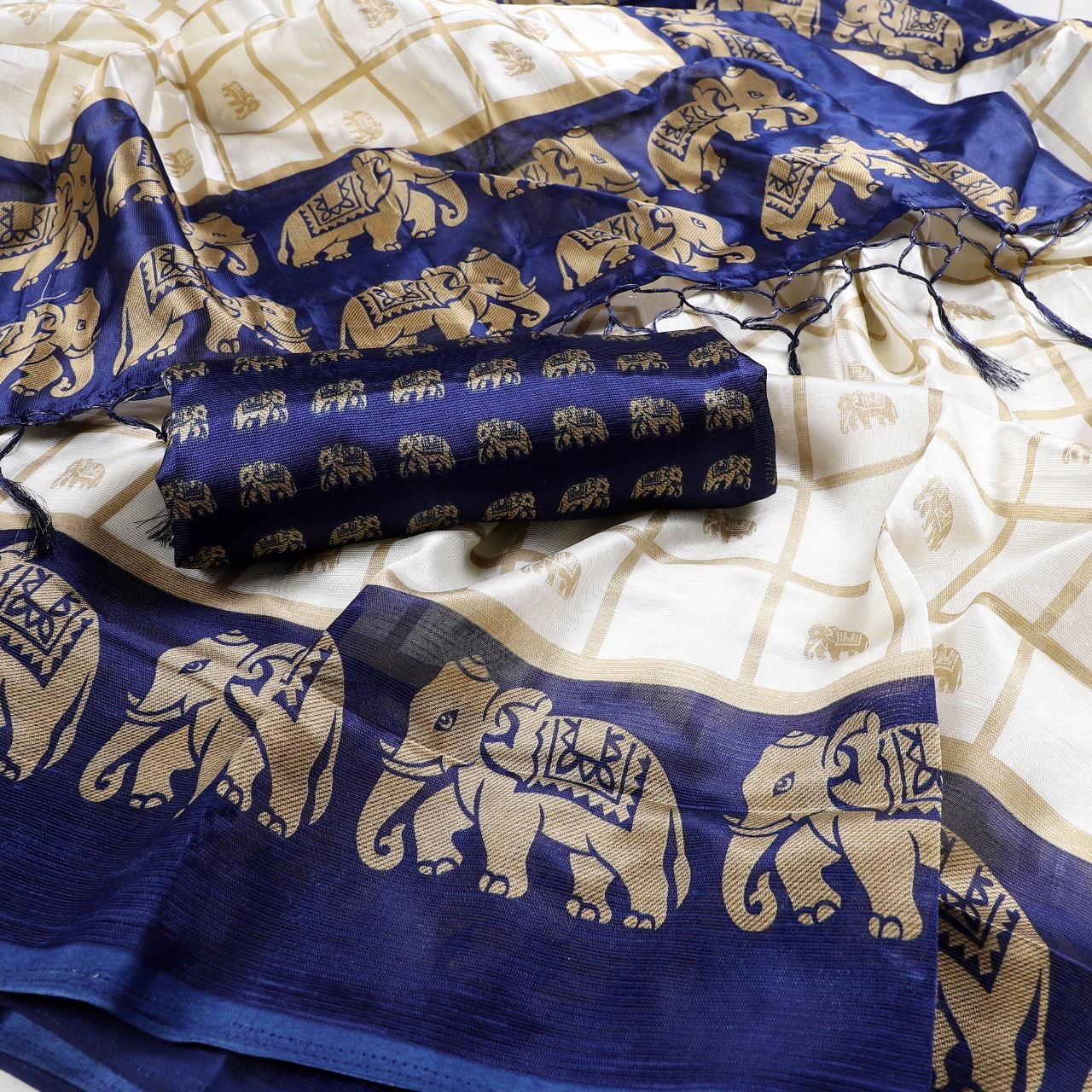 New Elephant Print Mysore Silk Saree With Jhalar - Art Silk, 5.5 Mtr Length, Multicolour, Printed Pattern, Ideal For All Seasons, Blouse Piece Attached