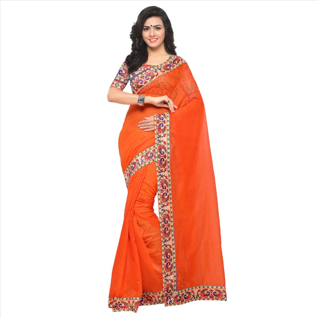 New Designer Chanderi Saree With Lace - Cotton Silk, 5.5 Mtr Length, Multicolour, Patterned Print, Dry Clean With Attached Blouse Piece