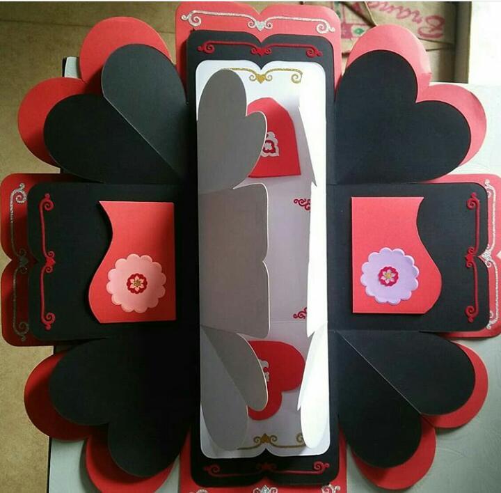 Explosion Box 3 Layered - 14x14x14 Inches, Heart & Square Variants In Attractive Colors | Handmade Greeting Card For Birthdays