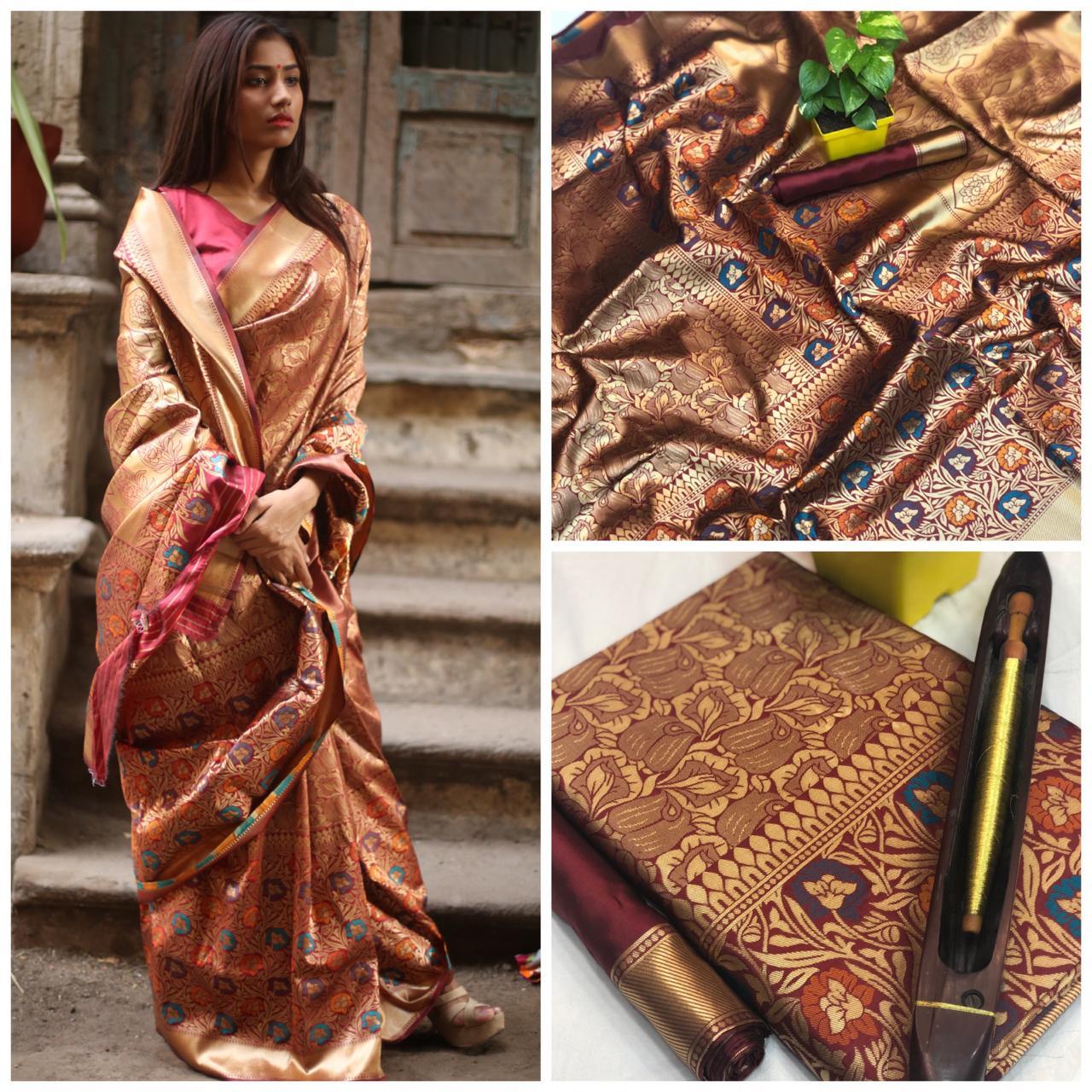 Katan Silk Saree - Pure Silk, Majestic Zari Work, Ombre Pallu & Contrast Blouse Design | Royal Ethnic Weave For Festival And Wedding Season