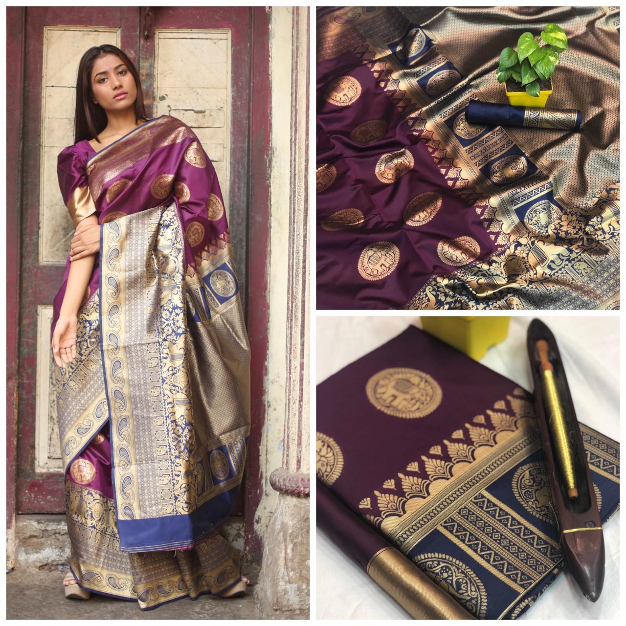 Katan Silk Saree - Pure Silk, Majestic Zari Work, Ombre Pallu & Contrast Blouse Design | Royal Ethnic Weave For Festival And Wedding Season