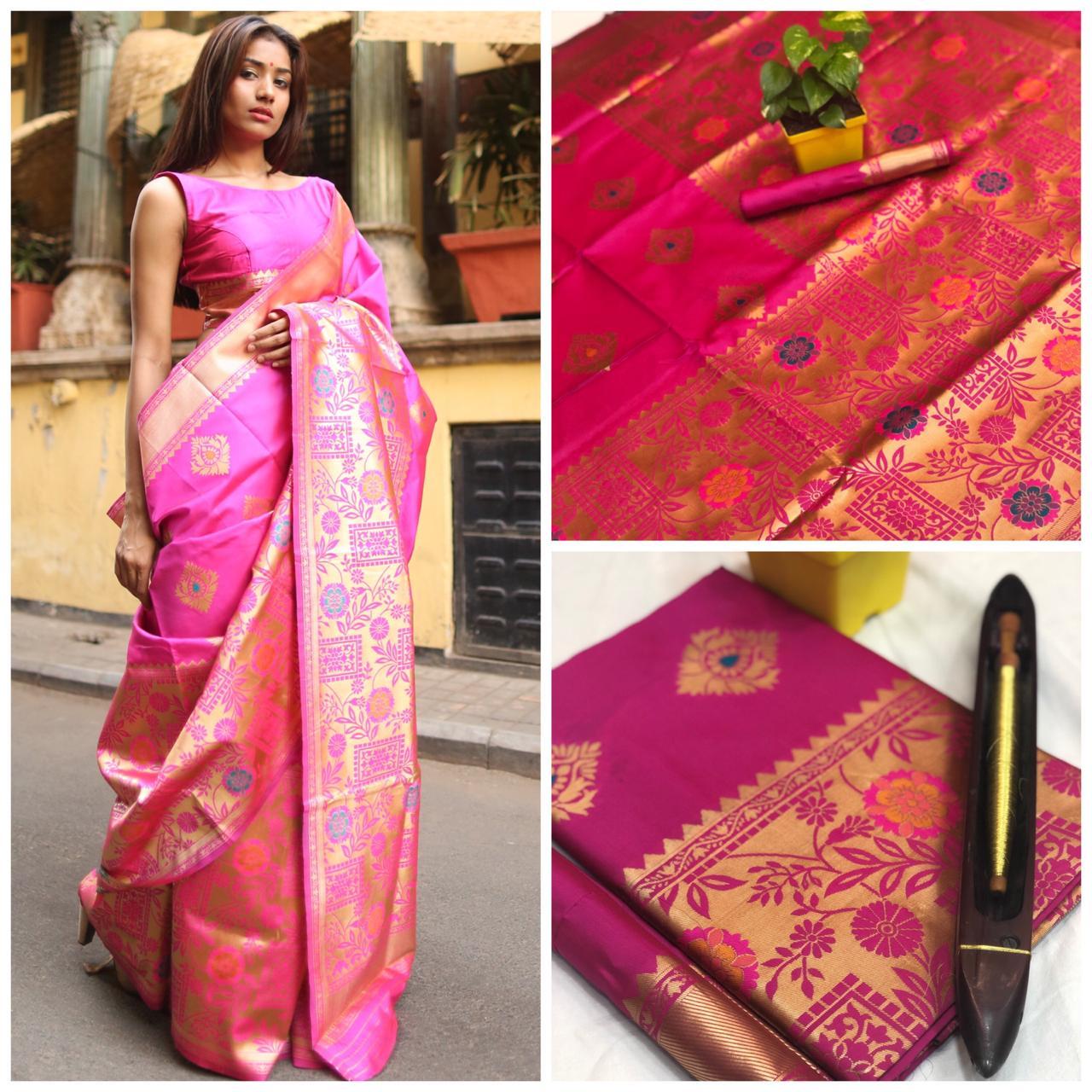 Katan Silk Saree - Pure Silk, Majestic Zari Work, Ombre Pallu & Contrast Blouse Design | Royal Ethnic Weave For Festival And Wedding Season