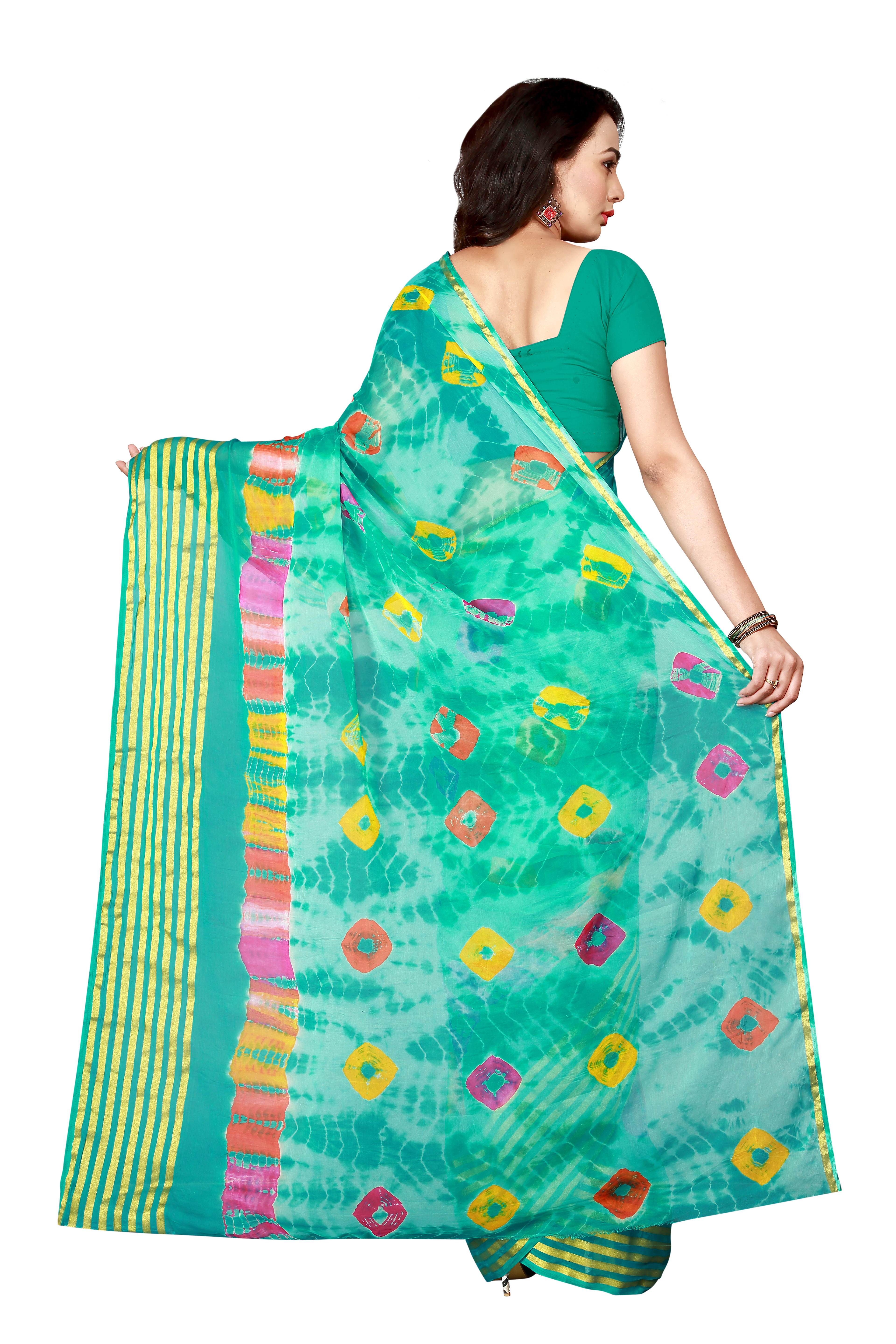 Multicolour Fancy Line Design Print Bandhani Chiffon Saree