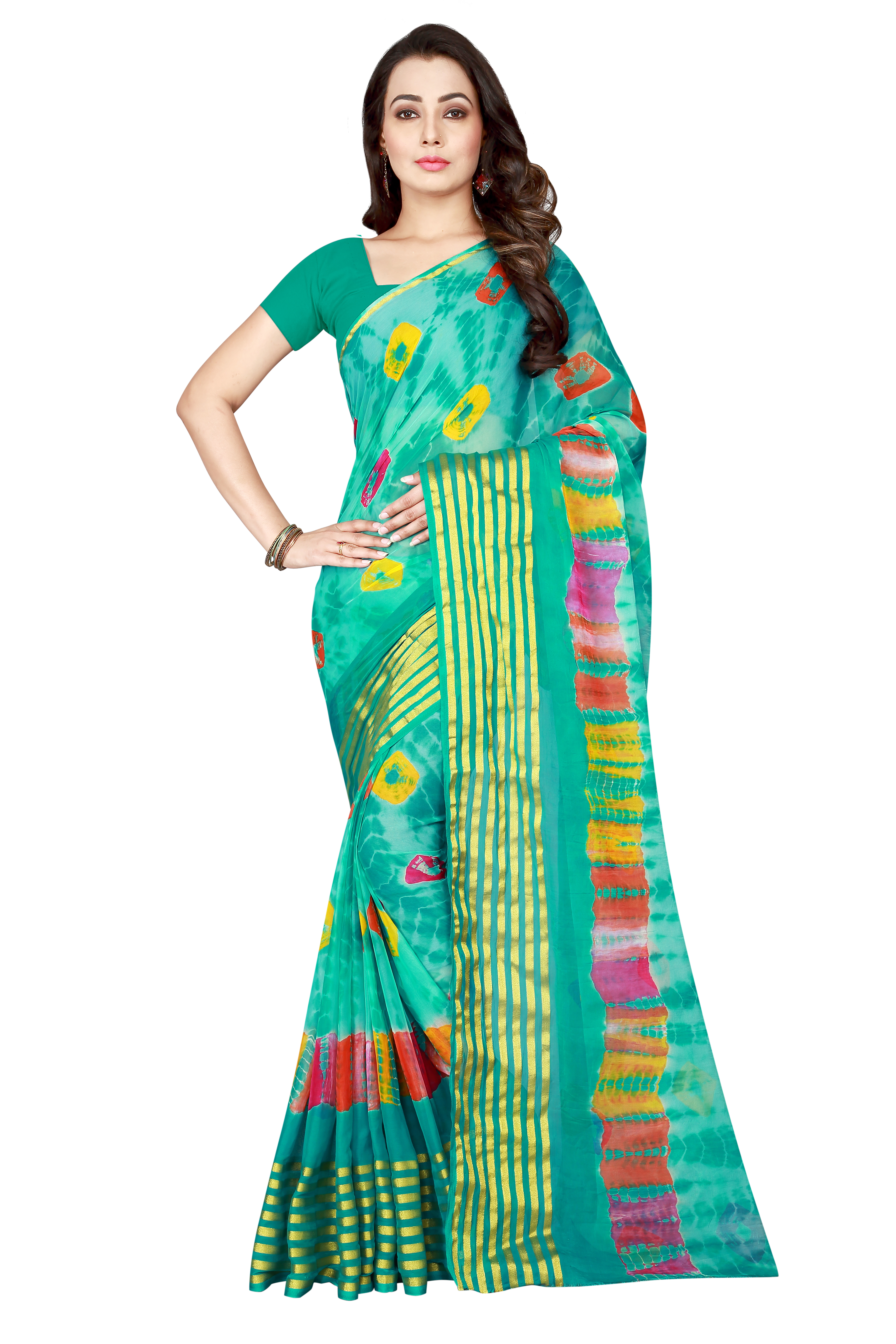 Multicolour Fancy Line Design Print Bandhani Chiffon Saree