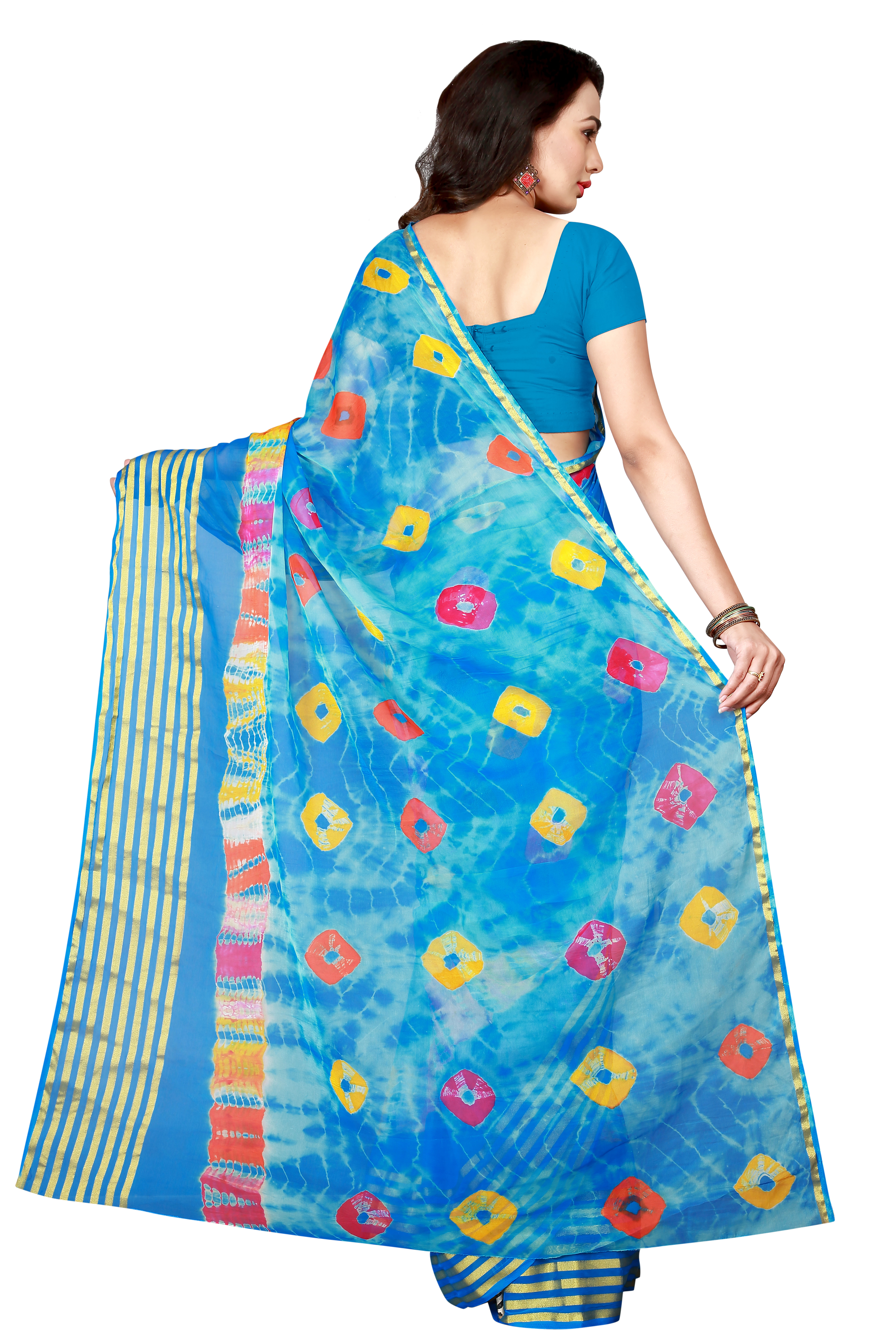 Multicolour Fancy Line Design Print Bandhani Chiffon Saree