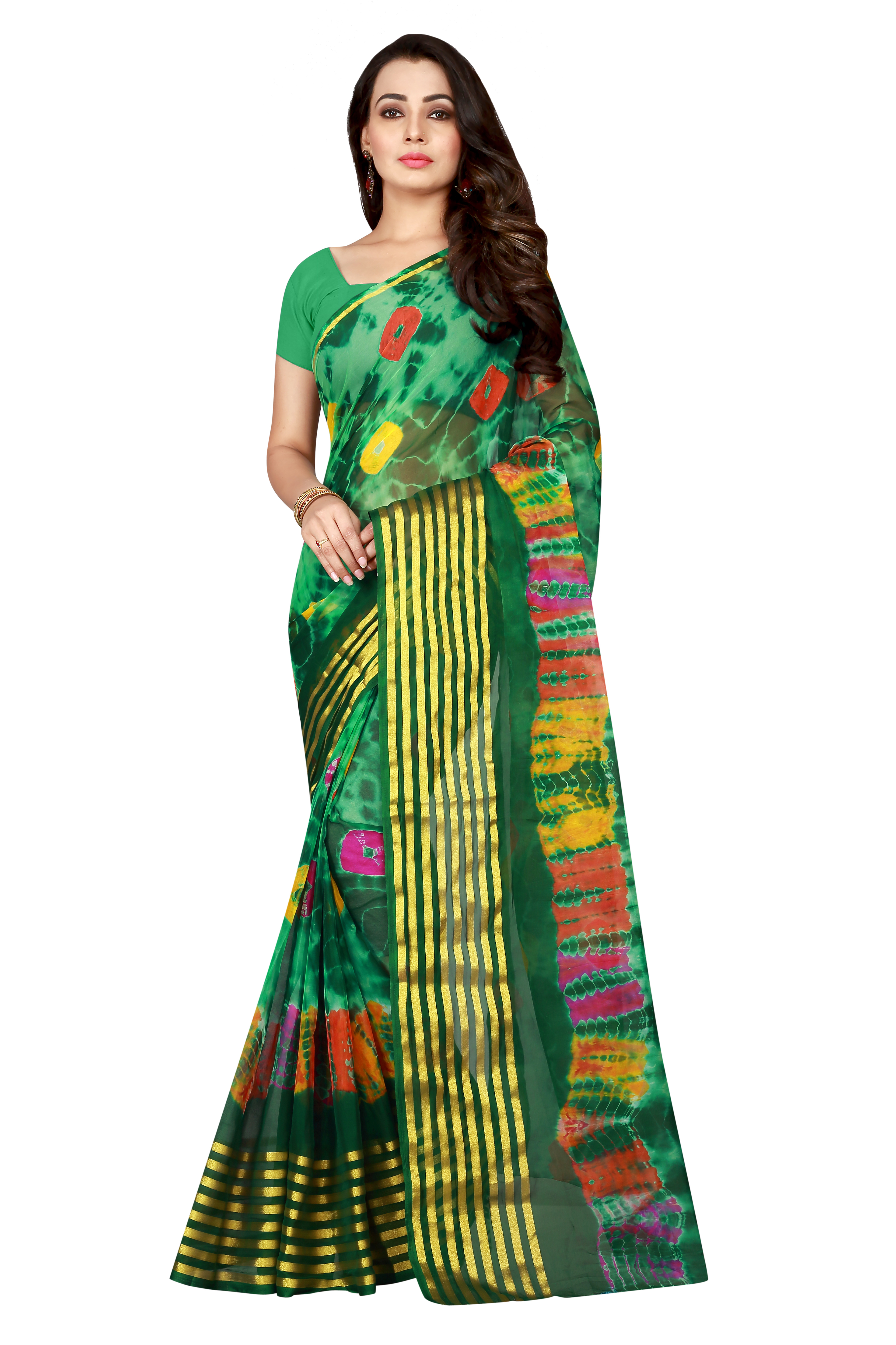 Multicolour Fancy Line Design Print Bandhani Chiffon Saree
