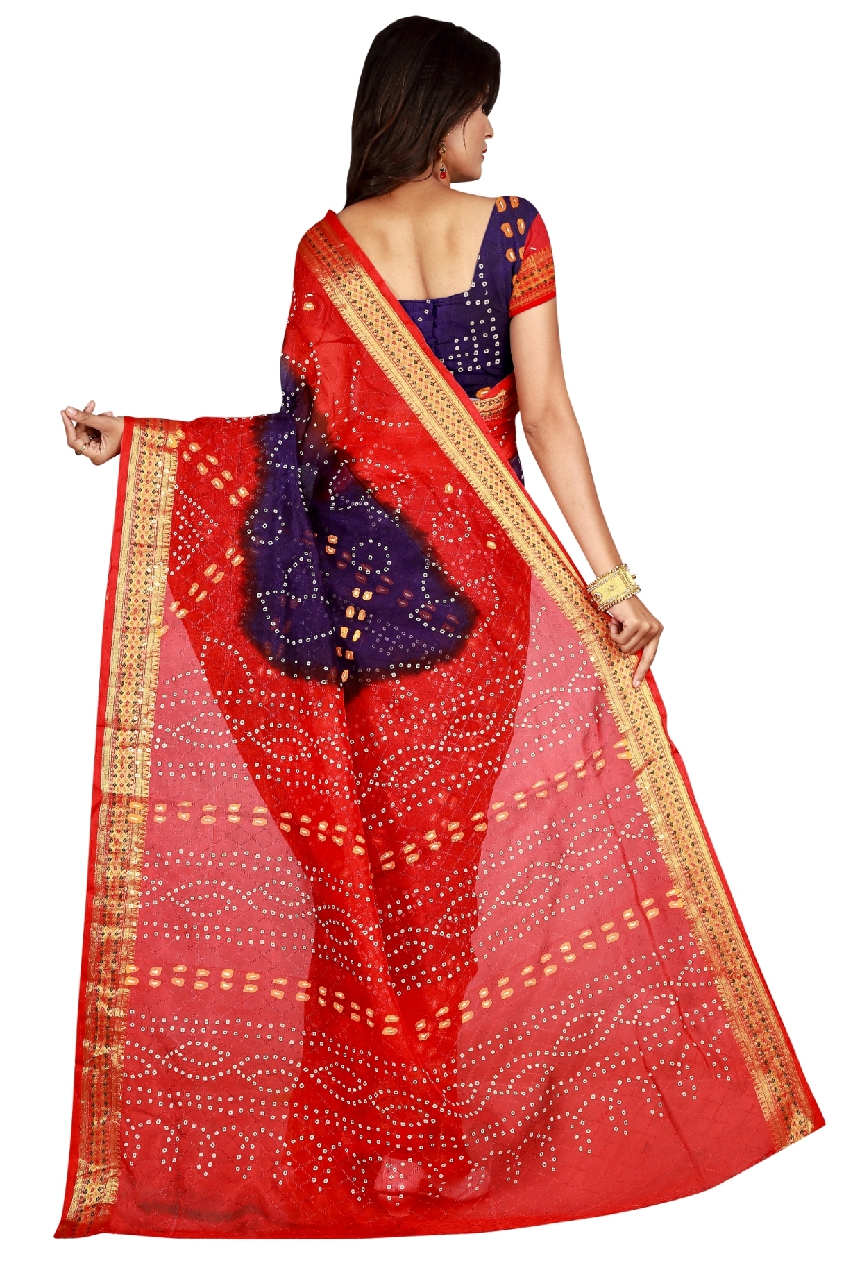 Pure Cotton Bandhani Saree - 5.5 Mtr Length, Multicolour With Zari Work Border | Printed Pattern, Dry Clean Care, Attached Blouse Piece